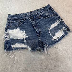 American Eagle Womens Blue Denim Distressed Shorts Hi Rise Stretch 8 Moms Short